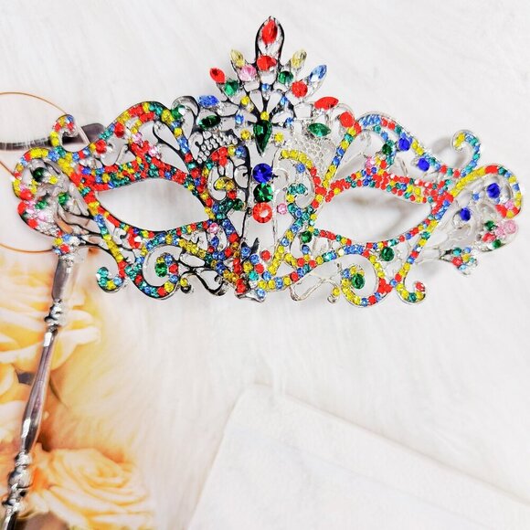 Rainbow Masquerade Mask, Crystal Handheld Mask, Silver Mask, Prom Mask, Pride - Picture 8 of 10